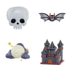 3d illustration of Halloween. Skulls, bats, moon and clouds, and horror castles. UI elements