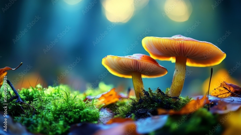 Poster glowing mushrooms in a forest setting