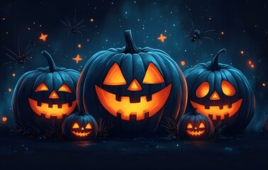 Glowing Jack-o'-Lanterns with Unique Expressions.
