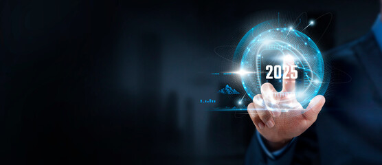 2025 New Year: Businessman Setting Clear Business Goals, Developing Target Strategy, and Planning...
