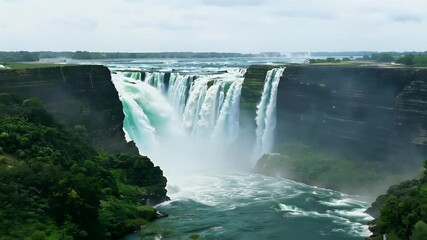 Niagara Falls Aerial Landscape 4K Nature Footage Water Cascading Rocks Breathtaking Scenic View waterfall attraction canada mist river travel landmark beautiful beauty green natural