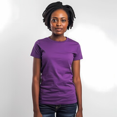 A young Black woman stands confidently in a purple t-shirt, showcasing her natural hair and a warm smile against a light backdrop.
