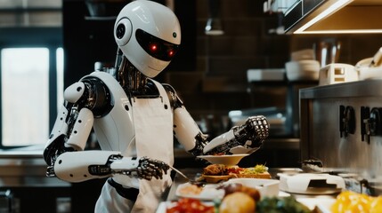 A humanoid robot chef, preparing gourmet dishes with culinary finesse and robotic efficiency, Chef robot style