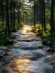 Obraz premium A serene view of a flowing river through a lush forest, with sunlight filtering through the trees, creating a peaceful and tranquil atmosphere.