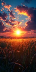 A stunning sunset over a golden wheat field, with vibrant colors illuminating the sky, creating a serene and tranquil atmosphere.
