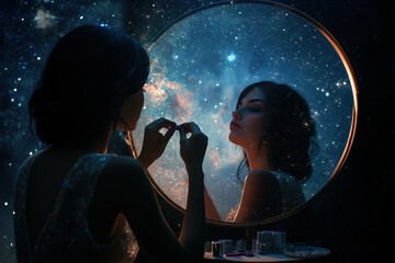 A woman is looking into a mirror and the reflection of the stars is visible