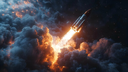 Space Rocket Launch Through Clouds 3D Illustration