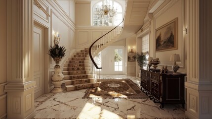 Traditional style house entrance area with beautiful sloping stairs, AI generated image