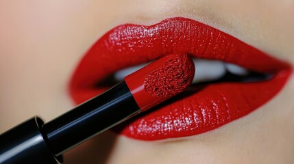 Obraz premium Bold Red Lipstick Application on Smooth Lips