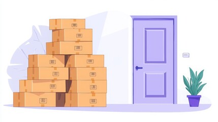 A colorful illustration of stacked boxes beside a door and a potted plant, creating a welcoming yet organized space.