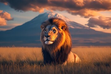 A majestic male lion rests in a golden grassland, with a snow-capped mountain and vibrant sunset in the background, exuding strength and wild beauty.
