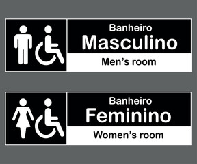 Placas Banheiro Horizontais Homem e Mulher. Formas Retangulares com Tradu&ccedil;&atilde;o em Ingl&ecirc;s. Preto e Branco.