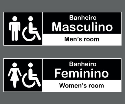 Placas Banheiro Horizontais Homem e Mulher. Formas Retangulares com Tradu&ccedil;&atilde;o em Ingl&ecirc;s. Preto e Branco.