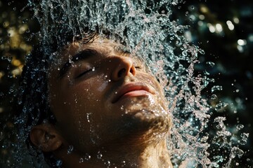 Fototapeta premium A man is standing under a shower head and is enjoying the water