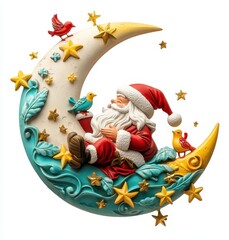 Charming Santa on Moon with Stars and Birds