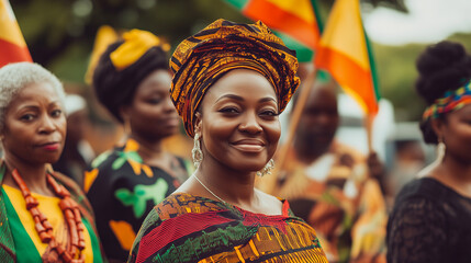 Black Awareness Day, a group of people of different ages and backgrounds stand together with colorful flags, wearing traditional African clothing, Ai generated images