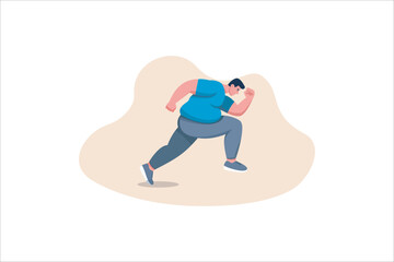 Stages lose weight of fat young man with obesity problem engaging sport. Overweight male person run for slim athletic body. Flat vector illustrations isolated on white.