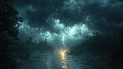 Obraz premium Dramatic stormy landscape with lightning over a river at dusk.