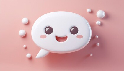 Fototapeta premium A cute, smiling speech bubble icon on a soft pink background, surrounded by small bubbles, conveying joy and friendliness.