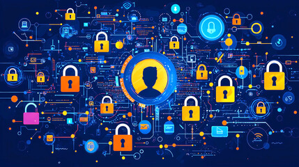 Obraz premium Digital security concept with user profile surrounded by various locks and technology icons, representing data protection and privacy in connected world