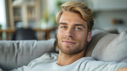 Young Caucasian man with blond hair, relaxed and sitting on a couch at home.