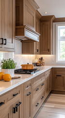 modern honey oak cabinets in a transitional kitchen
