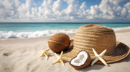 Summer accessories with starfishes and coconuts on a sandy and see background.