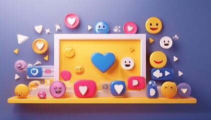 Obraz premium A colorful display of social media icons and emojis surrounding a computer screen, emphasizing digital communication and engagement.