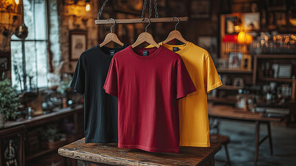 Yellow and red short sleeves hanging on the hanger