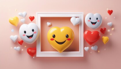 Obraz premium Playful heart-themed illustration featuring cheerful characters, vibrant colors, and a fun frame, ideal for expressing love and joy.