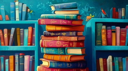 Colorful Bookshelf with Vibrant Stack of Books