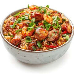 A bowl of spiced, cooked rice topped with sauteed shrimp, red pepper flakes,