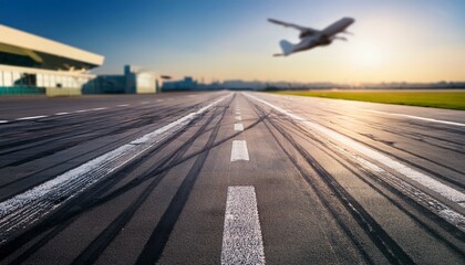 Fototapeta premium Close-up of a weathered airport runway with visible tire marks, set against a blurred horizon, capturing the distance of terminal buildings and airplanes in soft focus