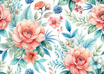 A watercolor symphony of coral blooms and blue leaves, a delicate floral dream.