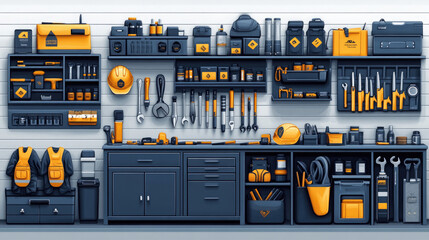 Various tools and safety helmets are placed in the cabinet