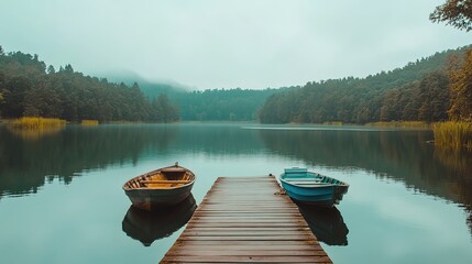 Obraz premium A serene yellow boat moored at a wooden dock on a calm lake surrounded by lush green trees in the early morning light