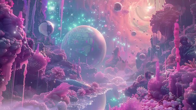 3D planets of aliens above pink and purple clouds with beautiful light
