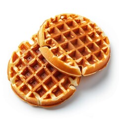 Two golden waffles resting on a white surface.