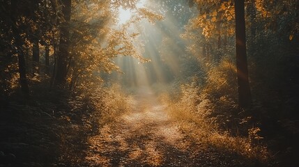 Fototapeta premium Sunlight streaming through trees on a tranquil forest path during a peaceful morning stroll in nature