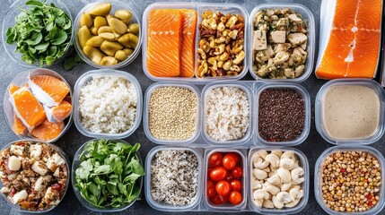 Top view of a variety of food ingredients in individual containers, including salmon, rice, quinoa, cashews, tomatoes, greens, and more.
