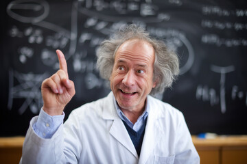 Mad Scientist in lab coat pointing his hand