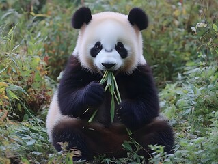 Obraz premium A cute giant panda, sitting calmly in a lush green environment, munching on bamboo, showcasing its playful demeanor and distinctive black and white markings.