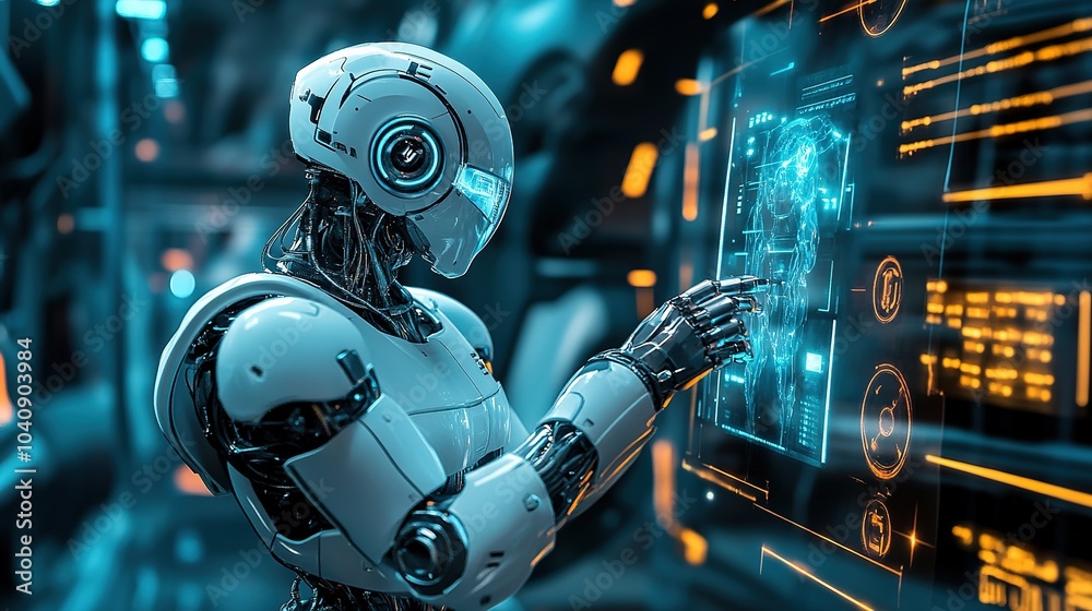 Wall mural a humanoid robot interacts with digital displays in a futuristic technology lab during an advanced r
