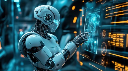 A humanoid robot interacts with digital displays in a futuristic technology lab during an advanced research session