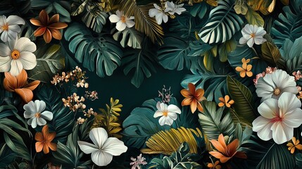 Naklejka premium Tropical Floral Paradise: A Lush Tapestry of Blooms and Foliage