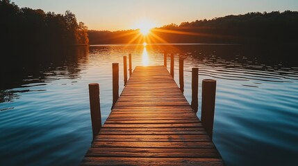 Fototapeta premium A peaceful wooden dock by a serene lake surrounded by lush green trees at sunset