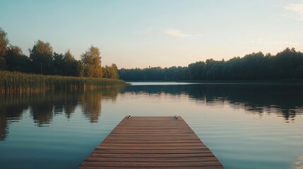 A peaceful wooden dock by a serene lake surrounded by lush green trees at sunset