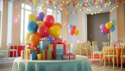 A large pile of birthday presents was on the table. Colorful boxes with ribbons