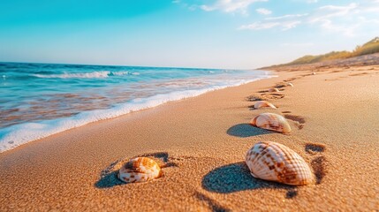 Sandy beach landscape with seashells and gentle waves under a clear blue sky during a sunny day