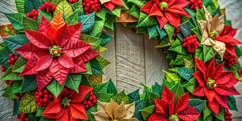 Cheerful poinsettia blooms embellish a Christmas wreath, crafted from scrapbook paper.